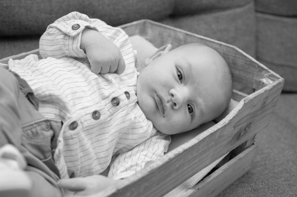 photo noir et blanc bébé dans une caisse regardant l'objectif